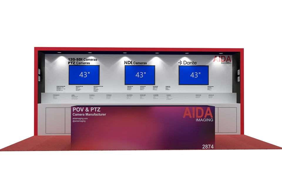 Front perspective rendering of the AIDA booth for InfoComm 2025