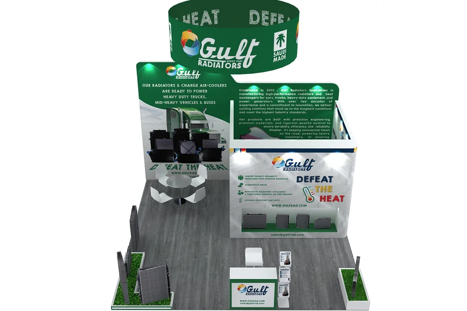 Front 3D rendering of the Gulf Radiators booth for AAPEX 2025