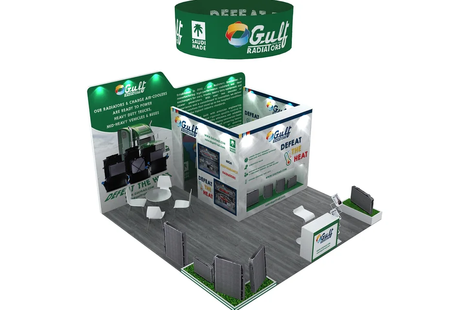 Overhead 3D rendering of the Gulf Radiators booth for AAPEX 2025