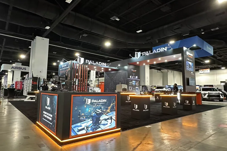 Completed Paladin Drones island booth at IACP 2025