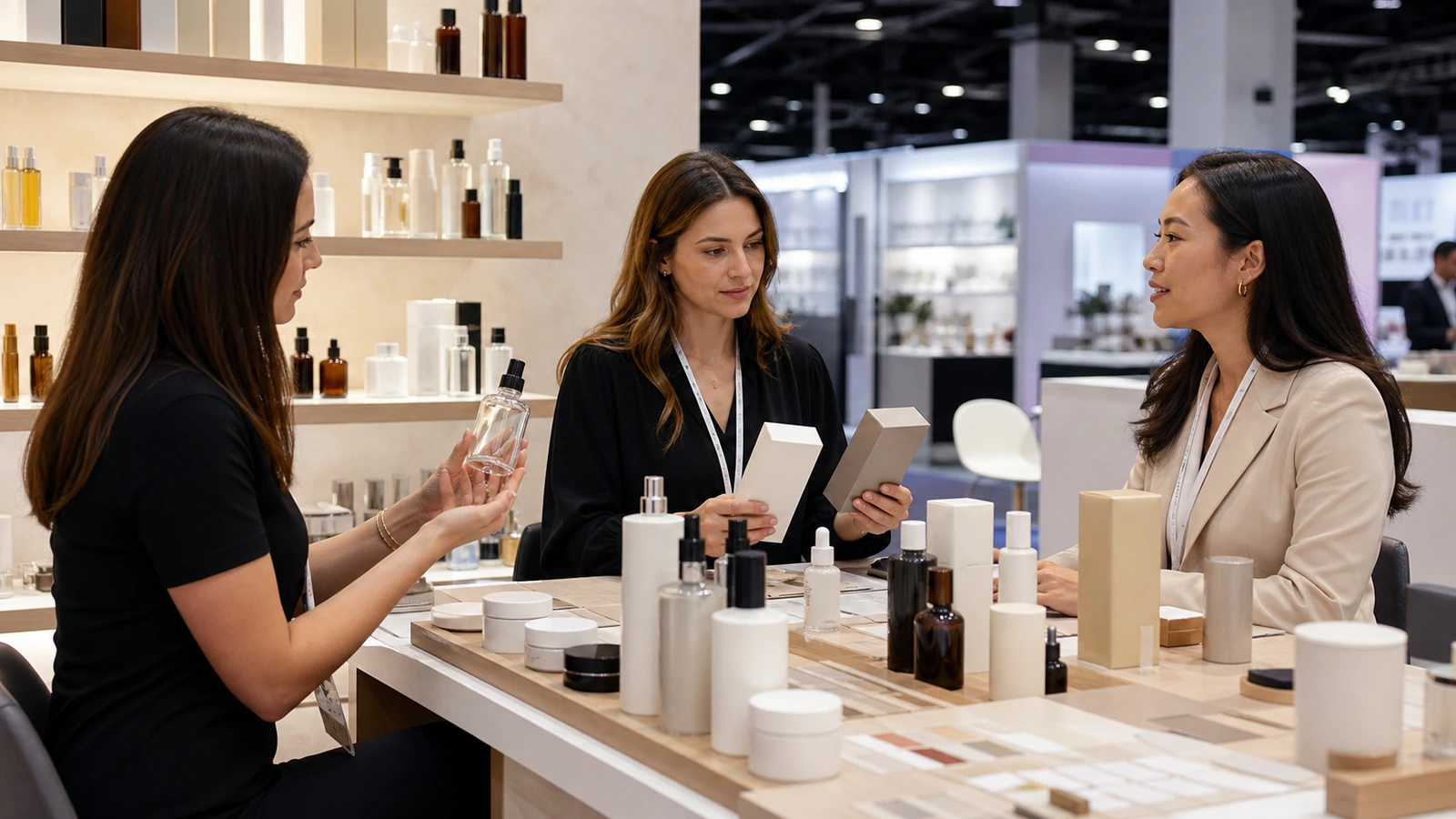 Beauty and packaging trade show booth with product samples