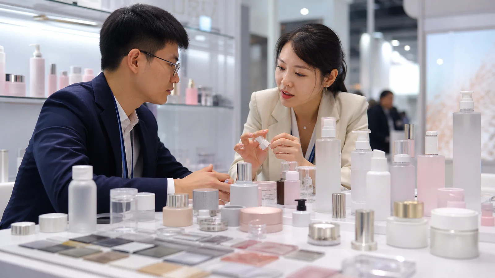 Beauty packaging samples displayed for a technical buyer meeting