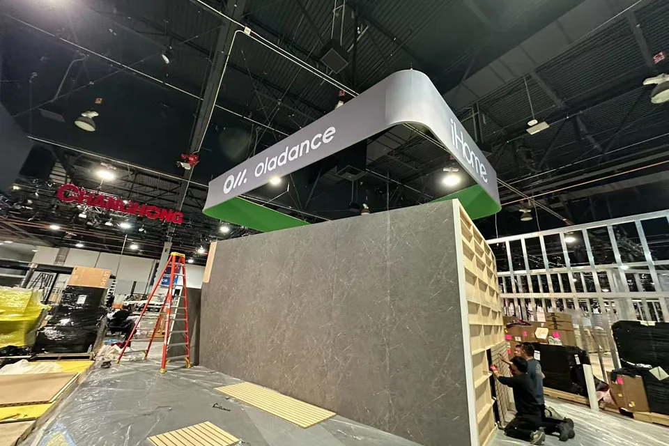 Lifeworks island booth overhead structure during CES 2025 setup