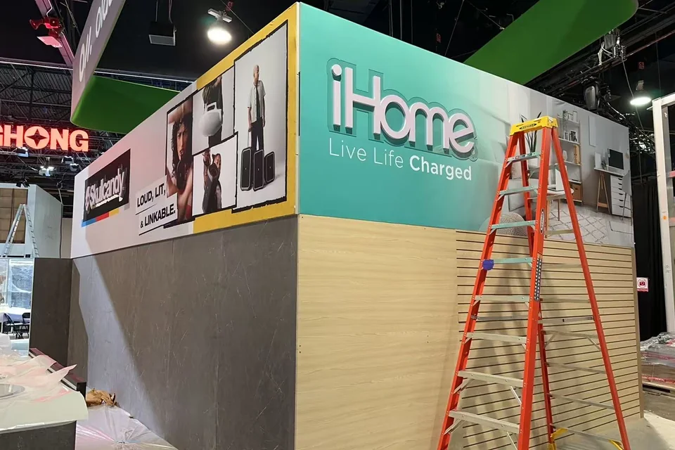 Lifeworks booth wall construction during CES 2025 setup
