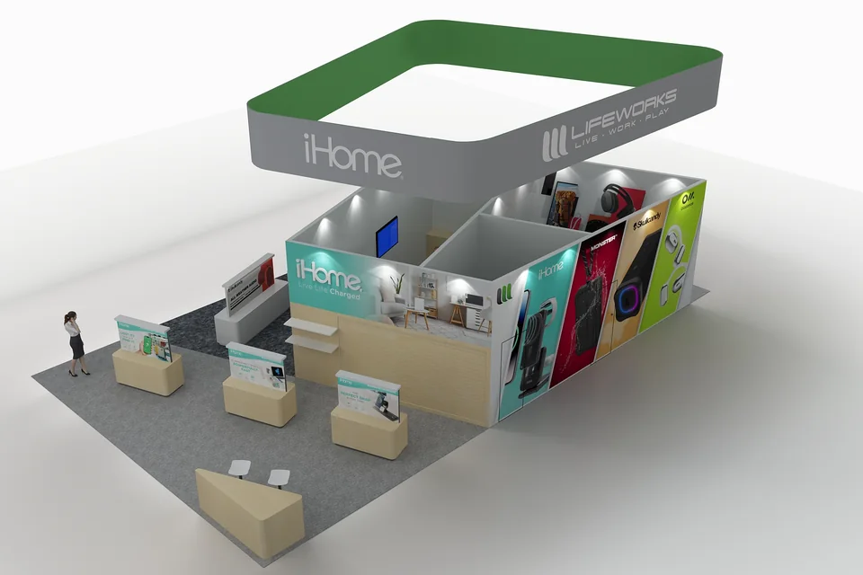 Overhead 3D rendering of the Lifeworks island booth for CES 2025