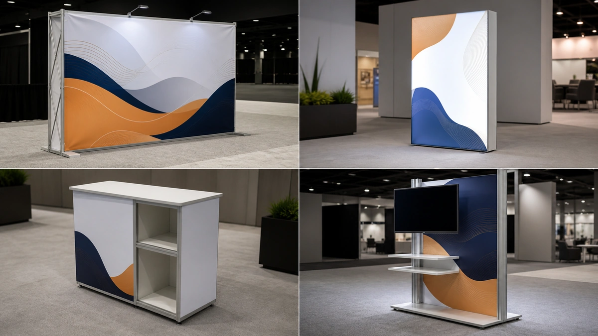 Common trade show modular units including a backwall, lightbox, storage counter, shelf, and monitor support