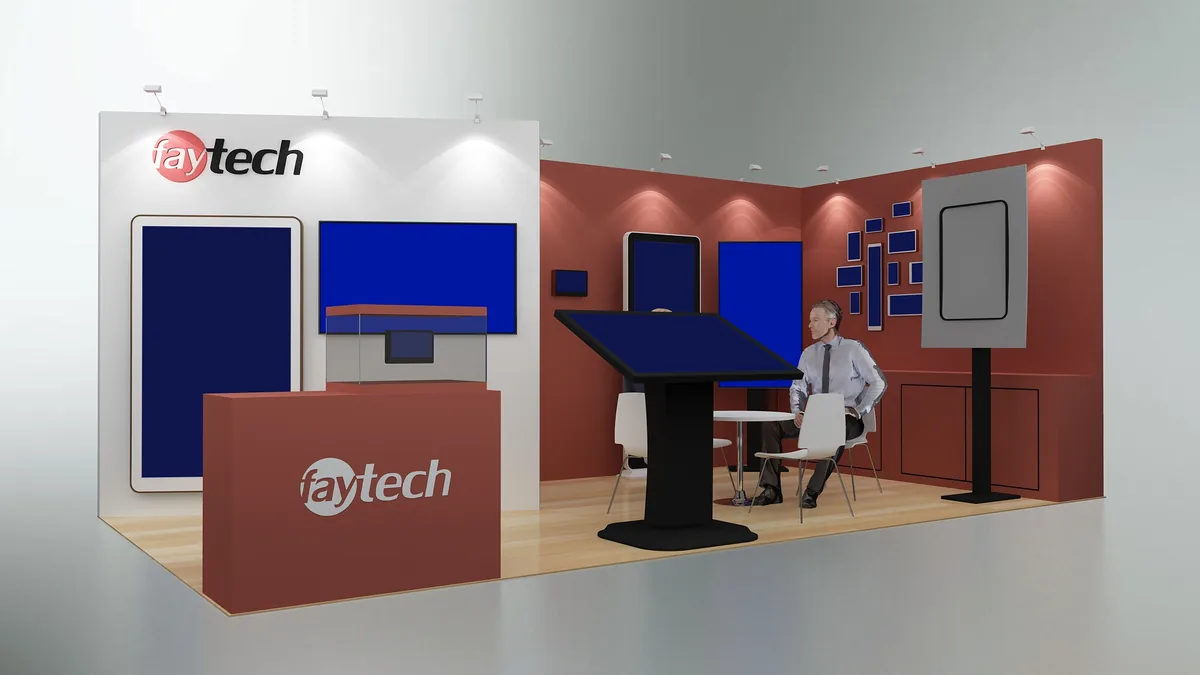Compact booth rendering with displays and meeting table