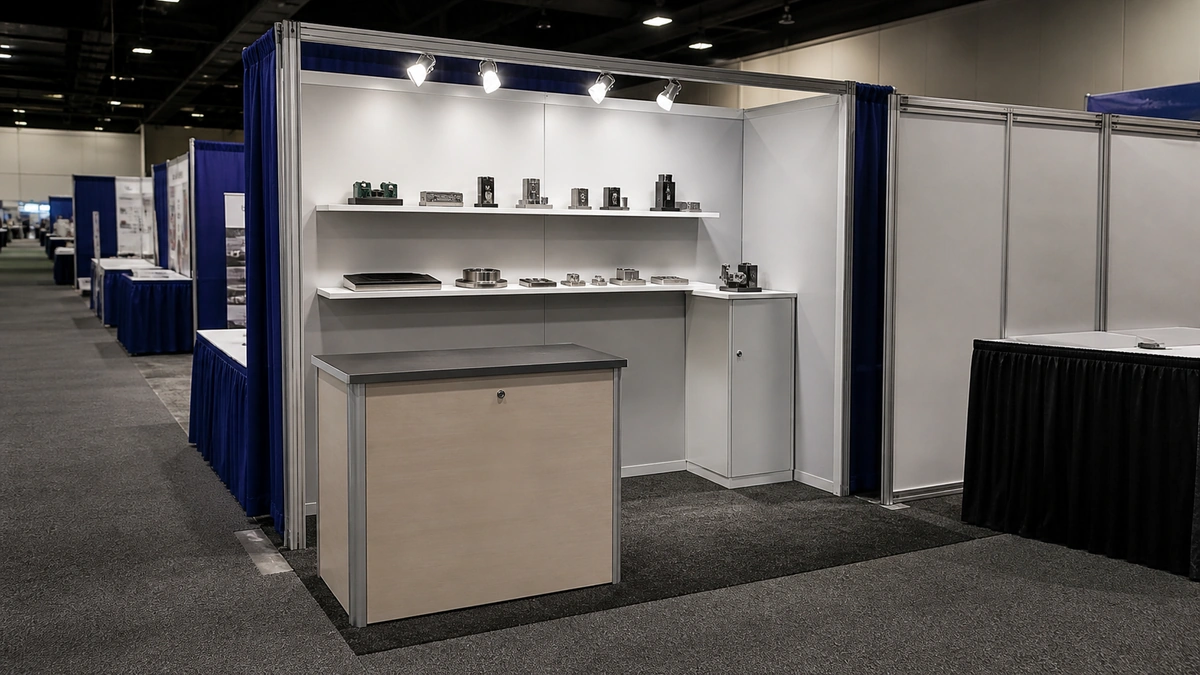 Compact inline trade show booth using counter and cabinet storage