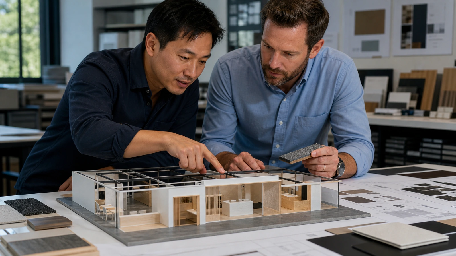 Booth designer and exhibitor planning a custom trade show exhibit
