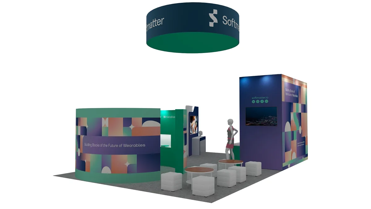Booth rendering with hanging sign, screens, and meeting area