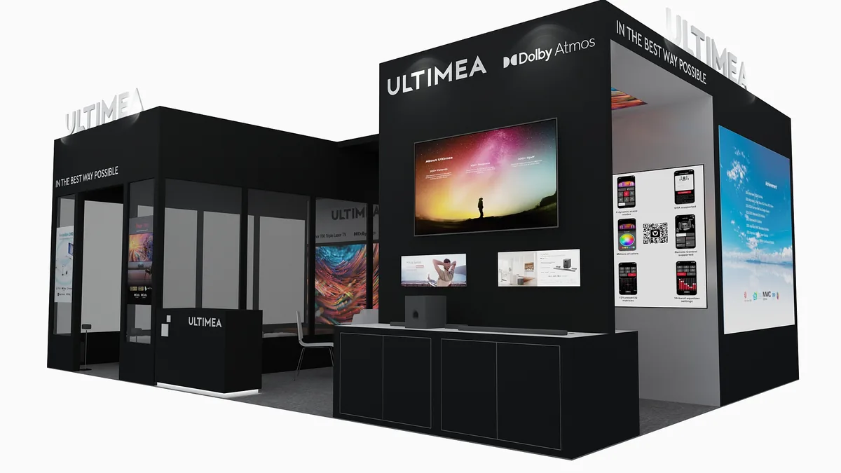 Booth rendering with screens, displays, storage, and counter