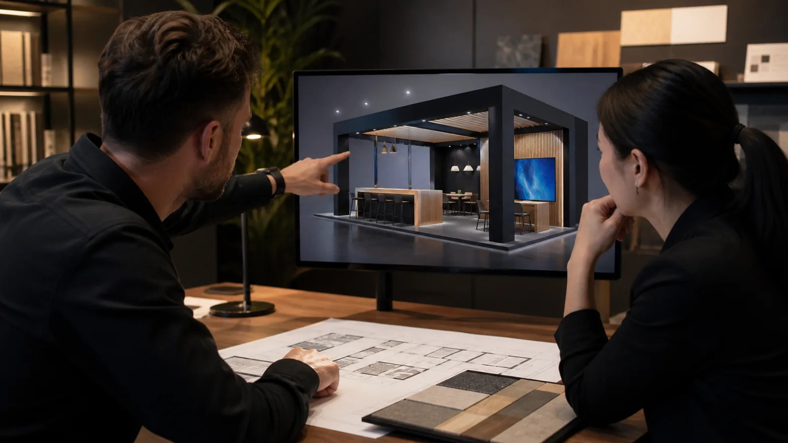 Exhibitor and booth designer planning a custom New York trade show exhibit