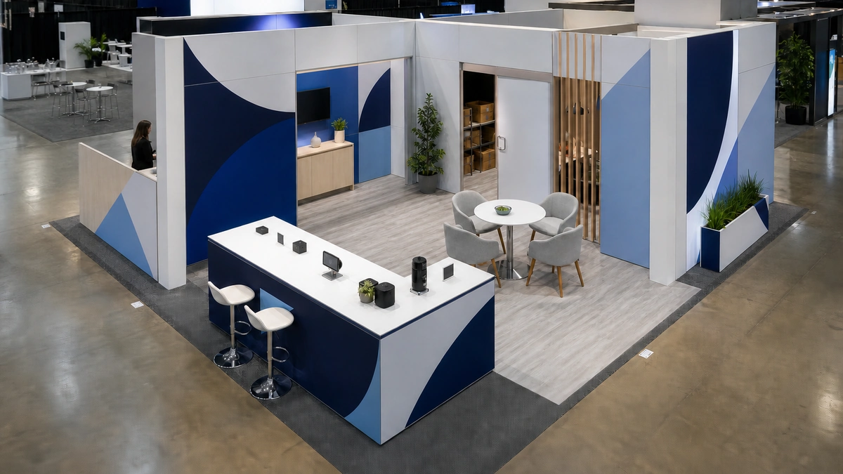Rental exhibit layout with graphic panels, a demonstration area, storage, and clear visitor pathways