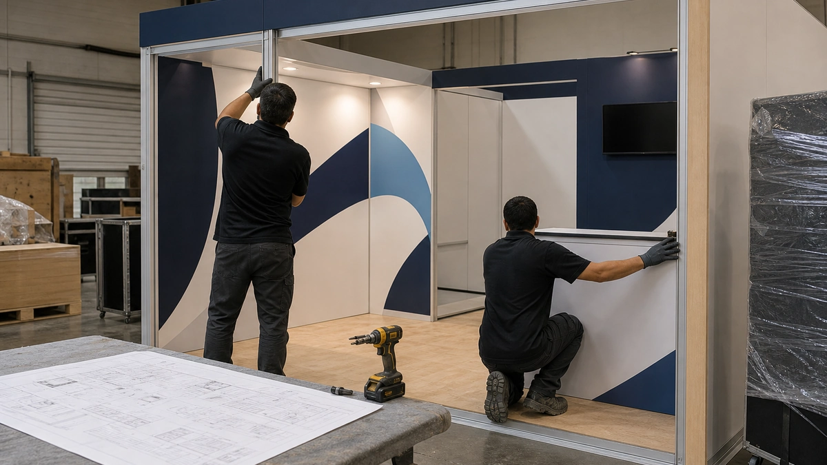 Technicians checking modular exhibit components during a pre-build review
