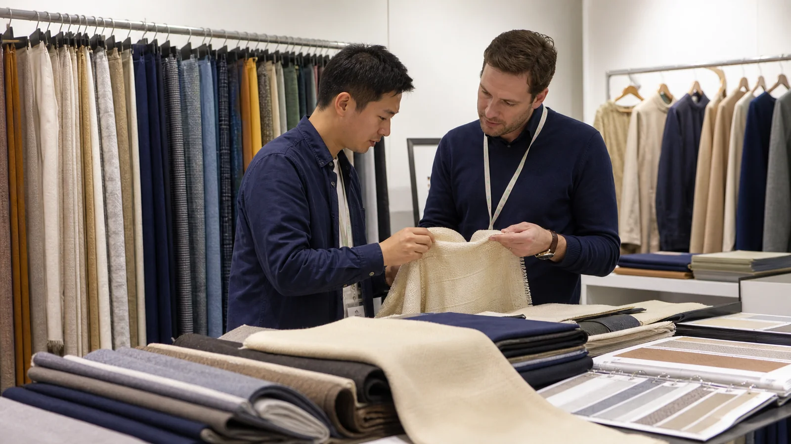 Fashion sourcing booth with fabrics garments and buyer discussions