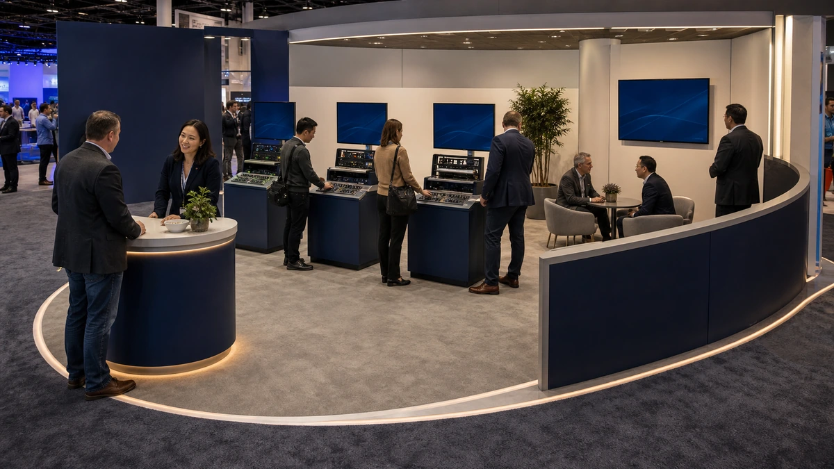 Gaming exhibition booth layout with demo stations and a separate meeting zone