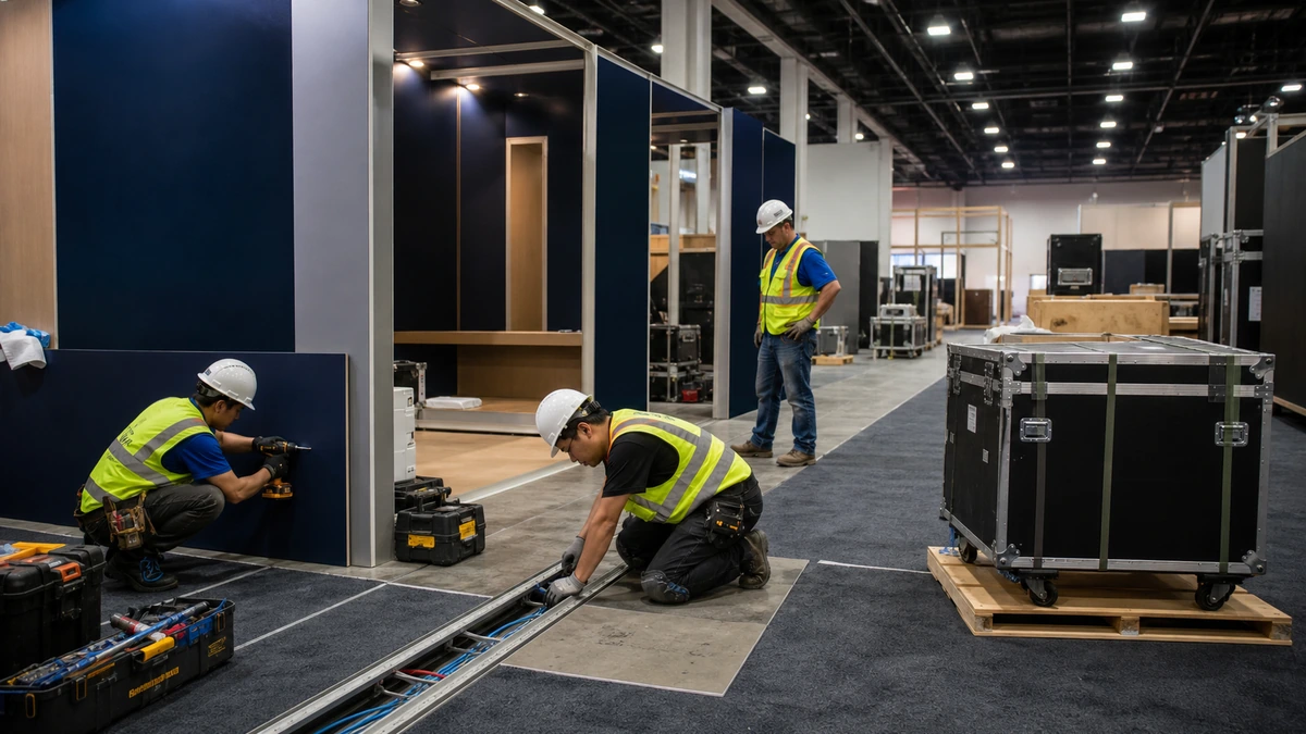 Exhibition crew installing a gaming technology booth before the trade show opens