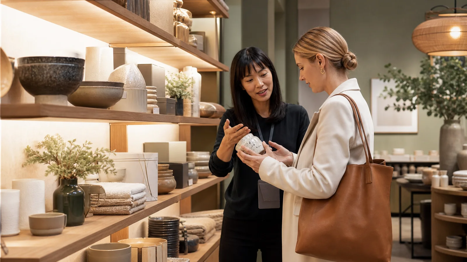 Retail buyer reviewing products at a home and gift trade show booth