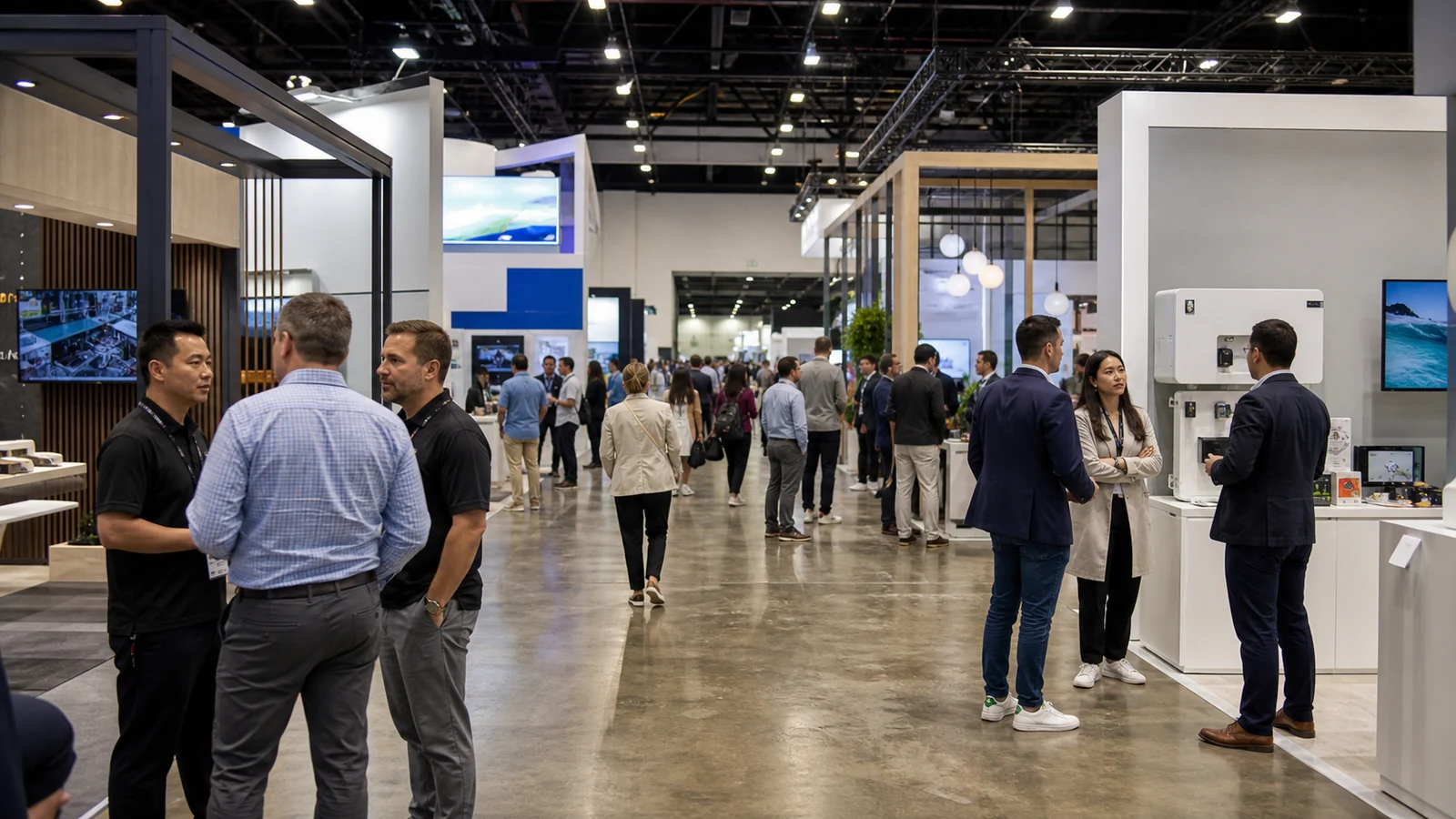 Busy B2B trade show floor in a Los Angeles convention venue