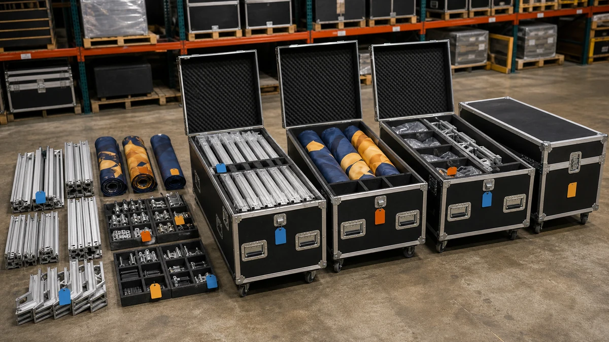 Organized packing and storage of modular trade show frames, graphics, hardware, and transport cases