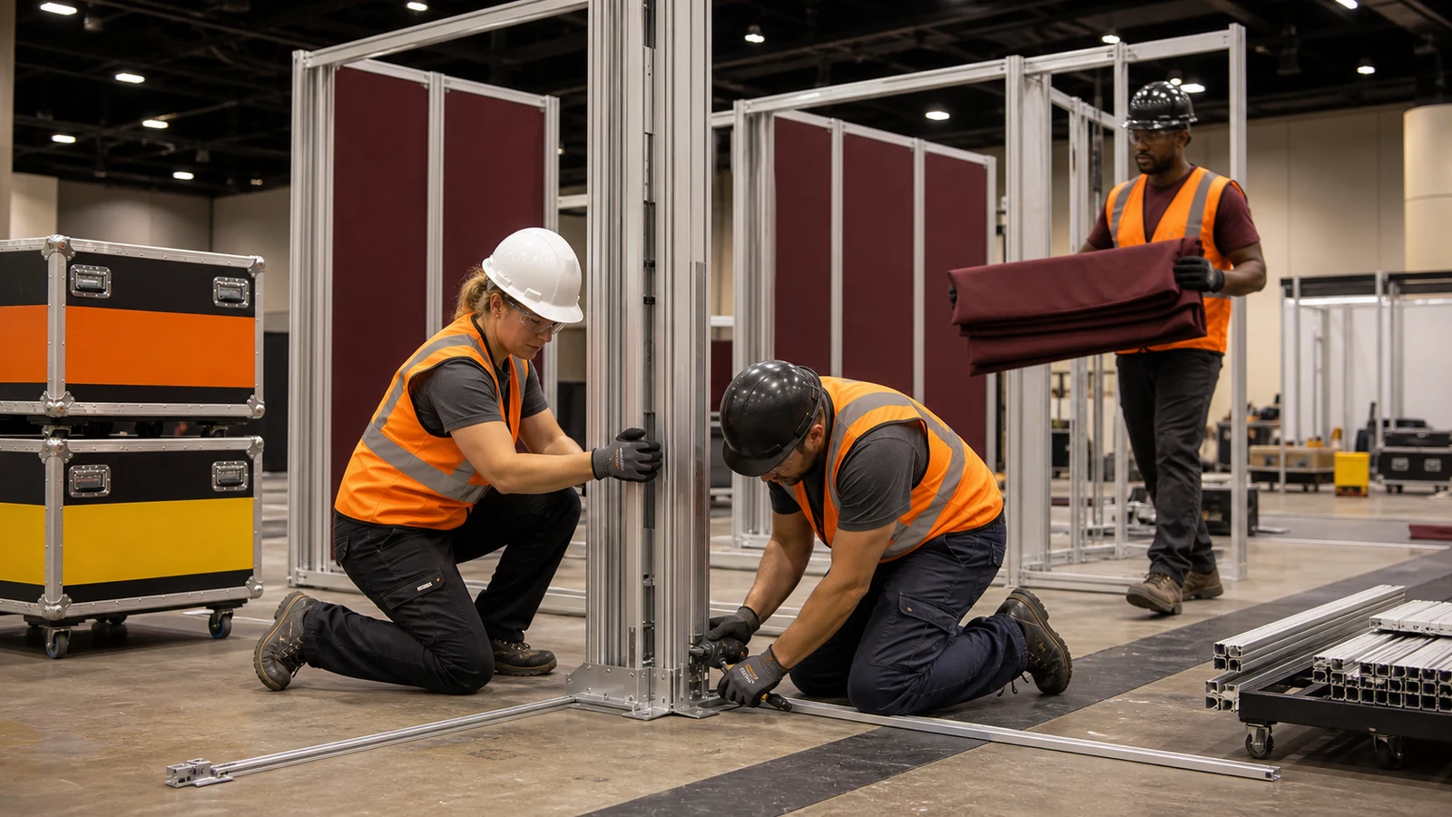 Installation crew reconfiguring reusable aluminum frames and fabric panels for a trade show booth