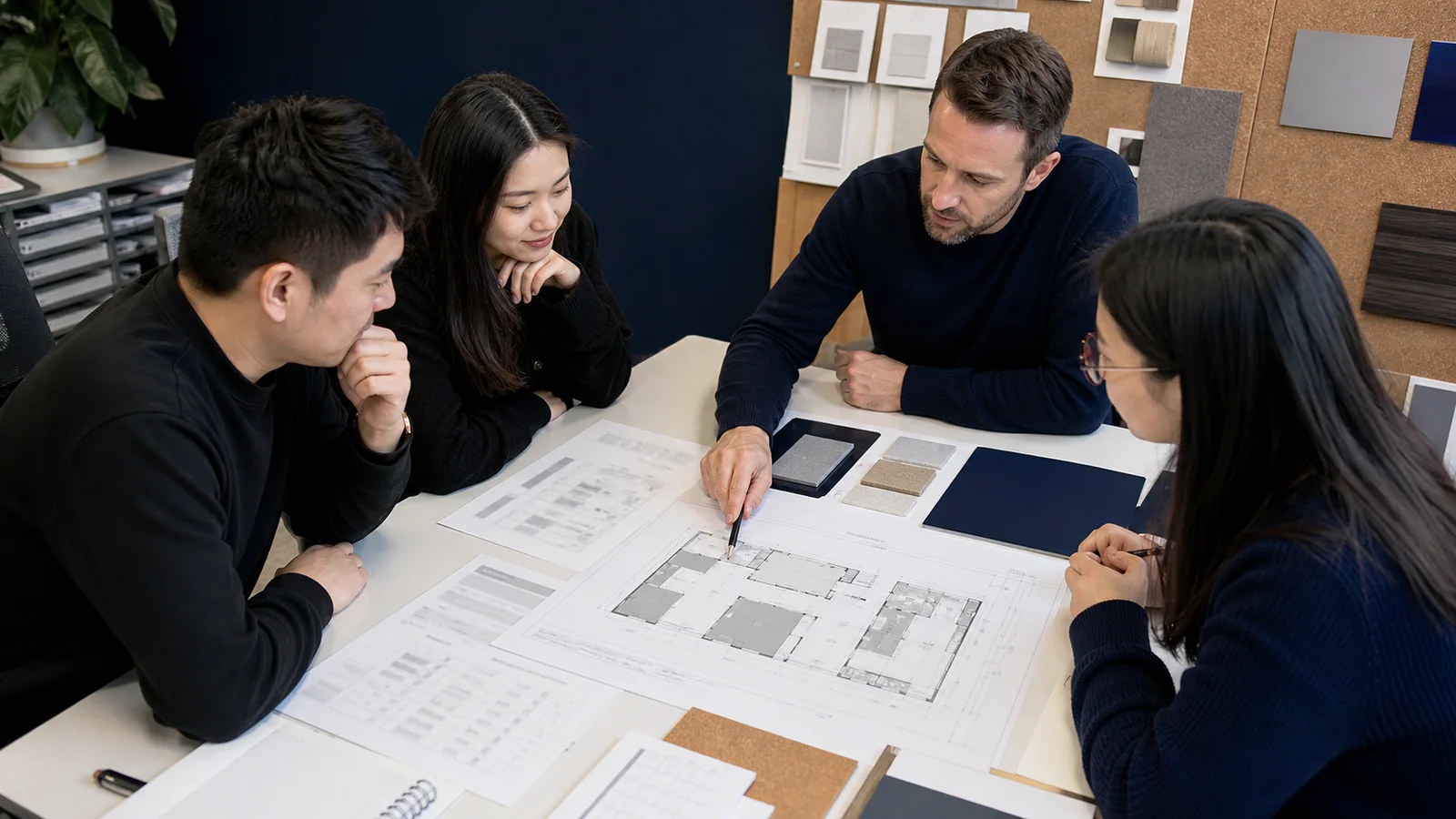 Exhibitor team reviewing New York booth plans and project costs