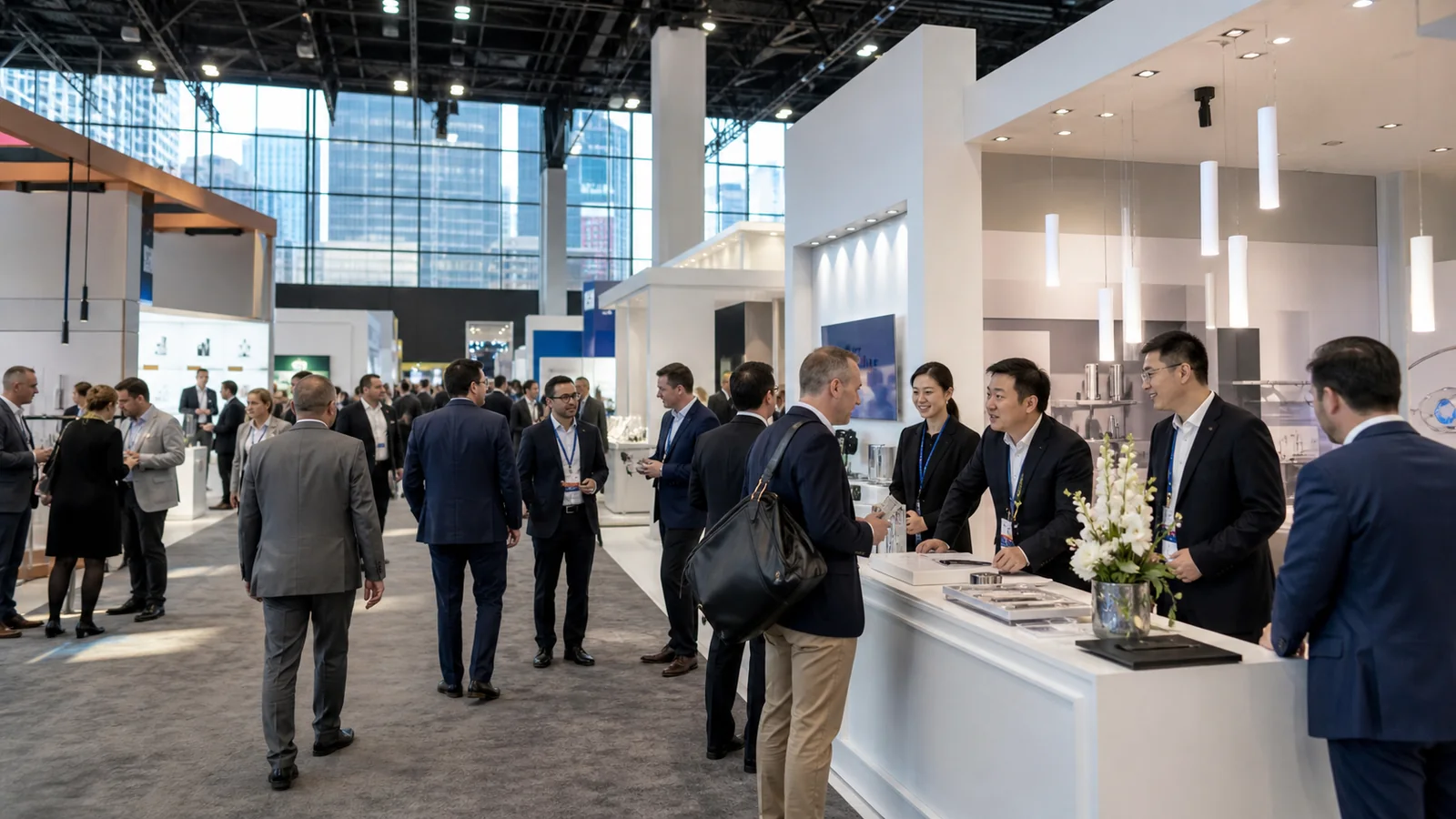 Busy B2B trade show floor in a New York City convention venue