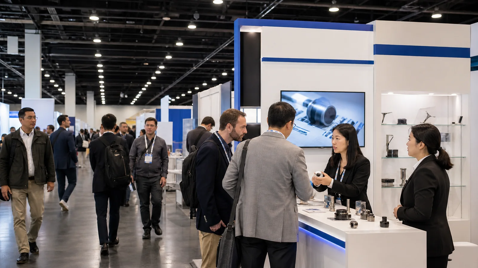 Professional buyers comparing exhibitors at a New York trade show
