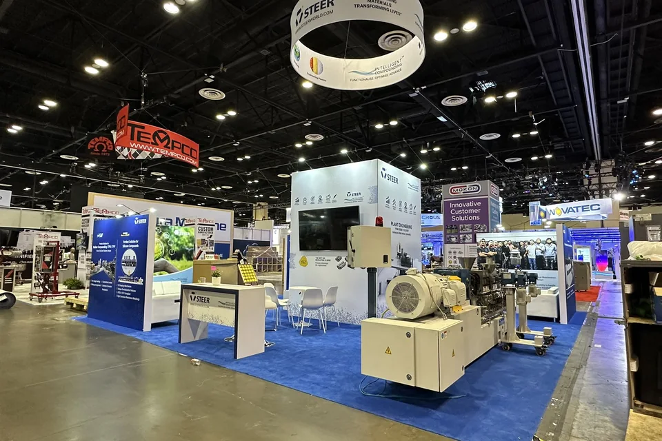 Wide view of the STEER 30 by 30 foot booth at NPE 2024