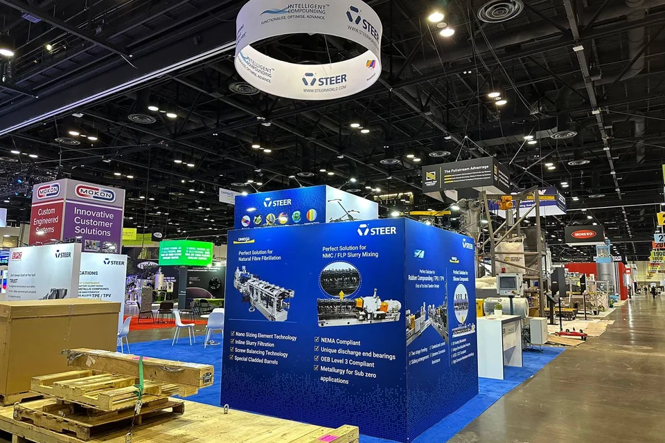 Side view of the STEER booth displays at NPE 2024
