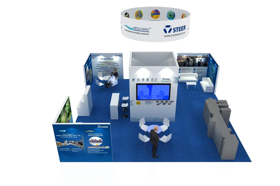 Overhead 3D rendering of the STEER booth for NPE 2024