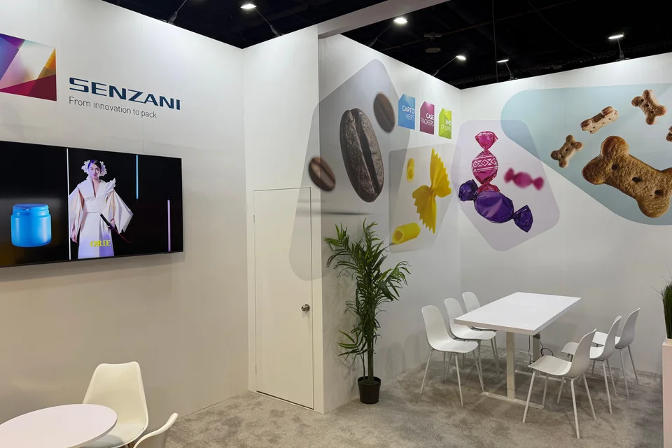 Product display detail inside the Senzani booth at PACK EXPO 2025