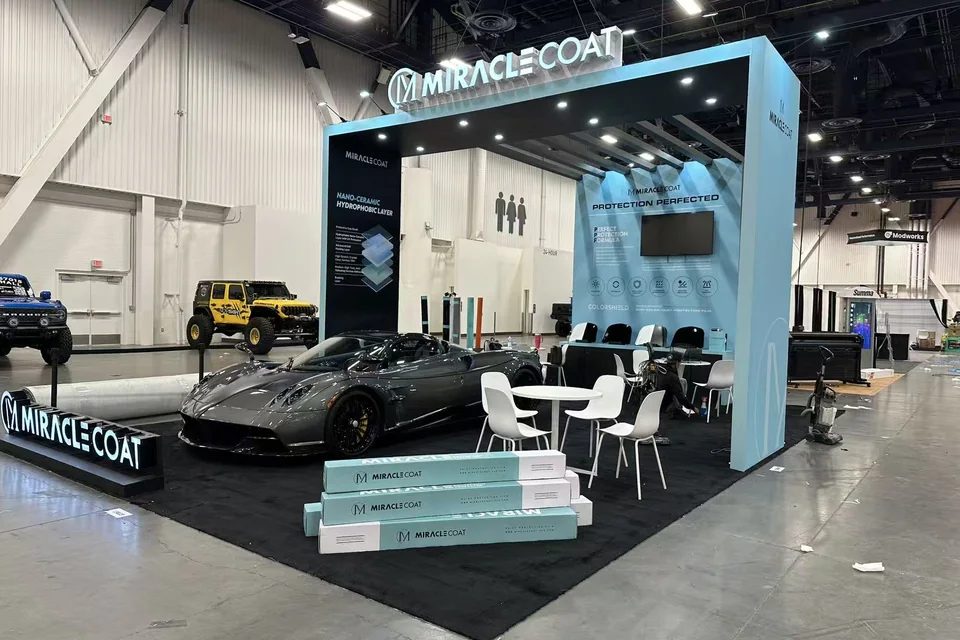 Interior angle of the MiracleCoat custom booth at SEMA 2025