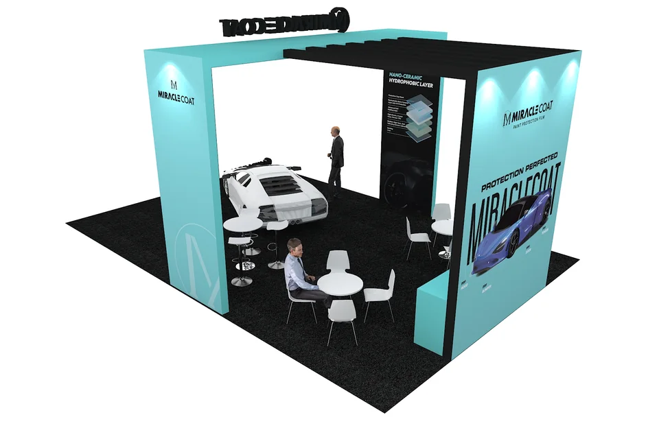 Rear 3D rendering of the MiracleCoat booth for SEMA 2025