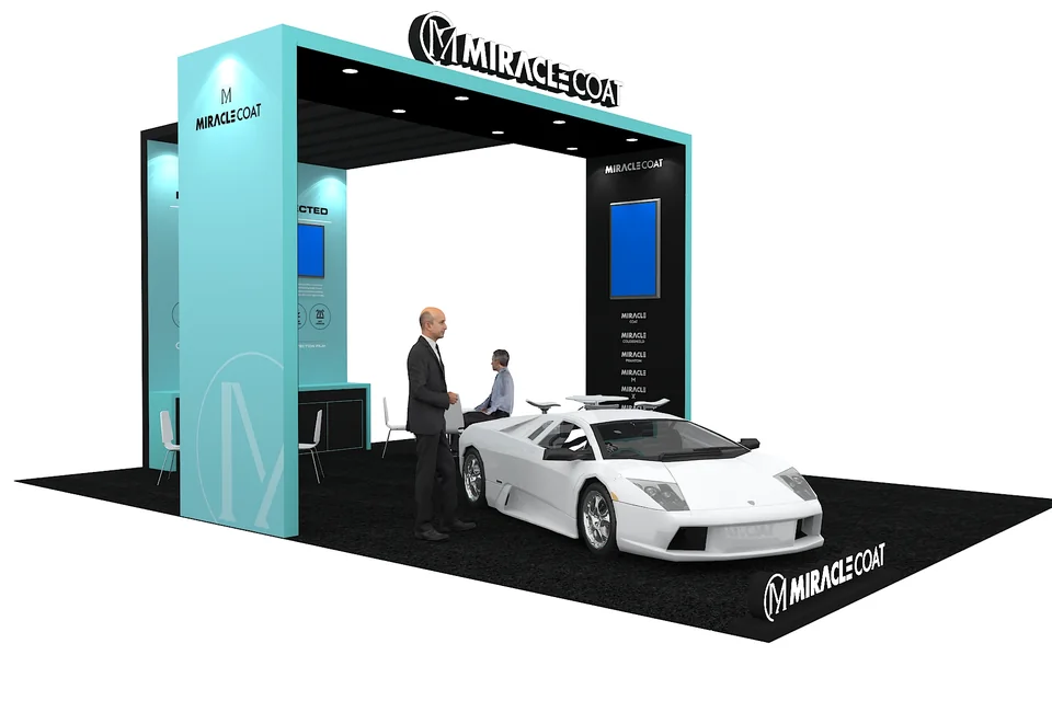 Front 3D rendering of the MiracleCoat booth for SEMA 2025