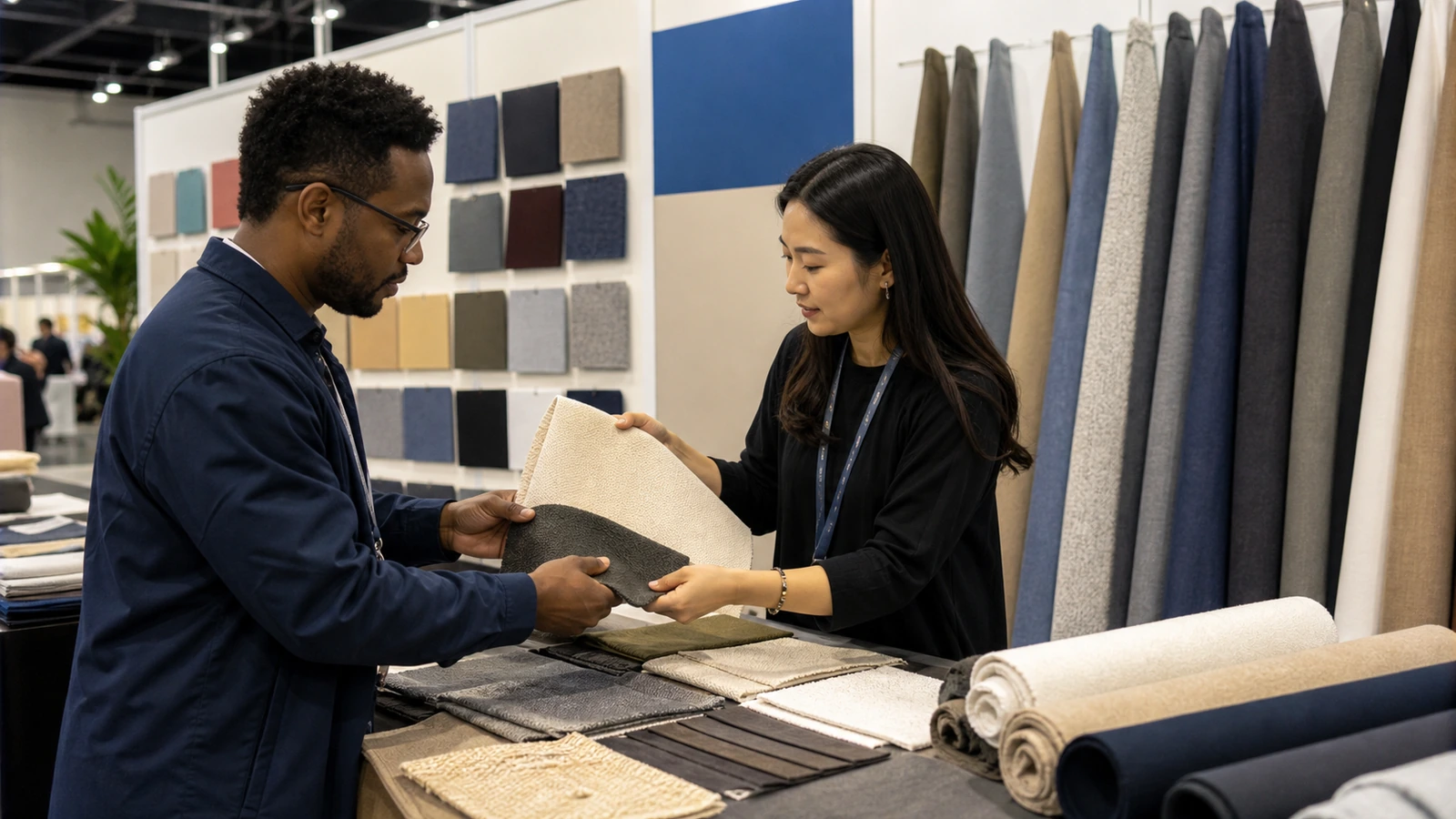 Textile sourcing booth displaying organized fabric samples