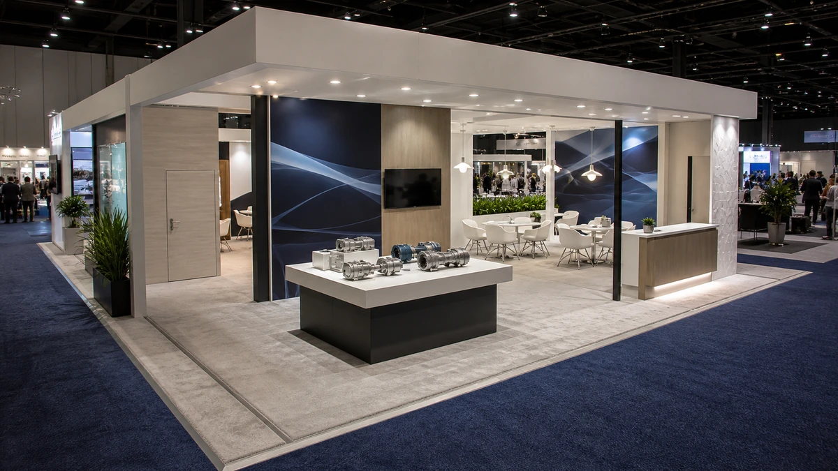 Trade show booth layout with concealed storage and a clear staff access path