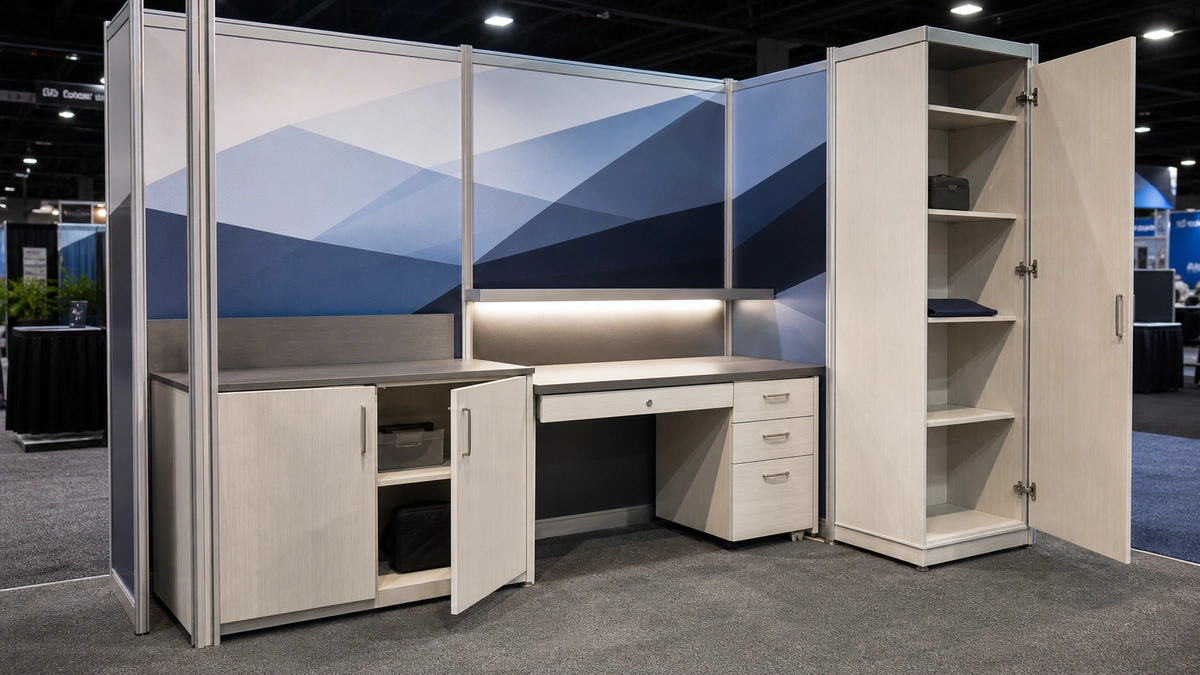 Trade show booth with cabinet, workstation, and tower-style storage options