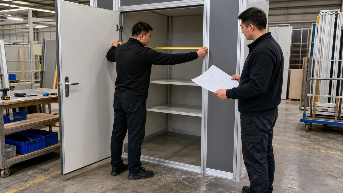 Exhibit team checking storage closet dimensions and door clearance before delivery