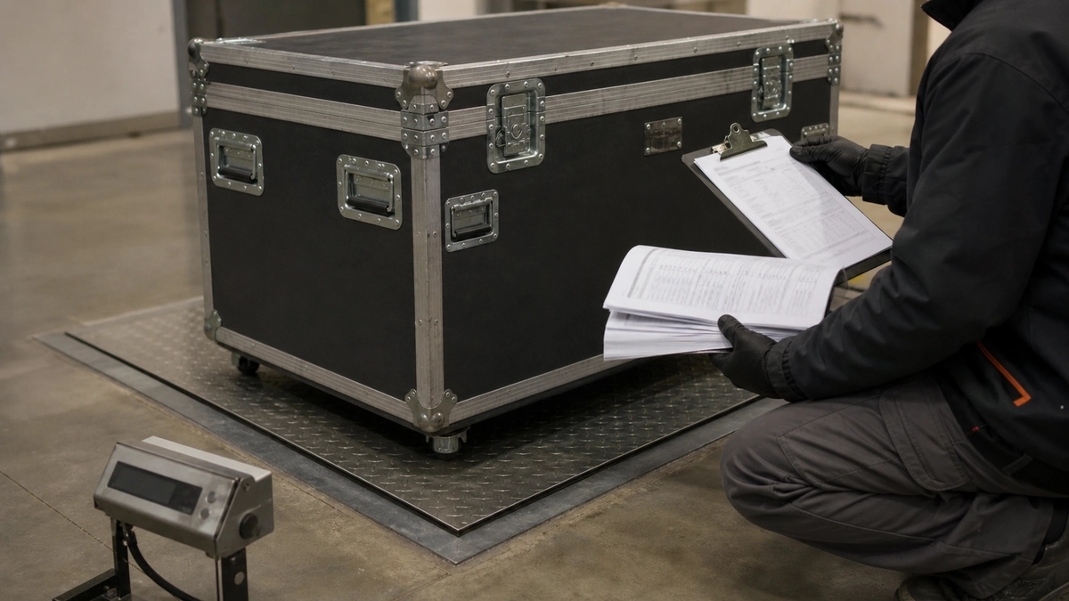 Logistics coordinator checking the billable weight of a secured exhibit crate on an industrial floor scale