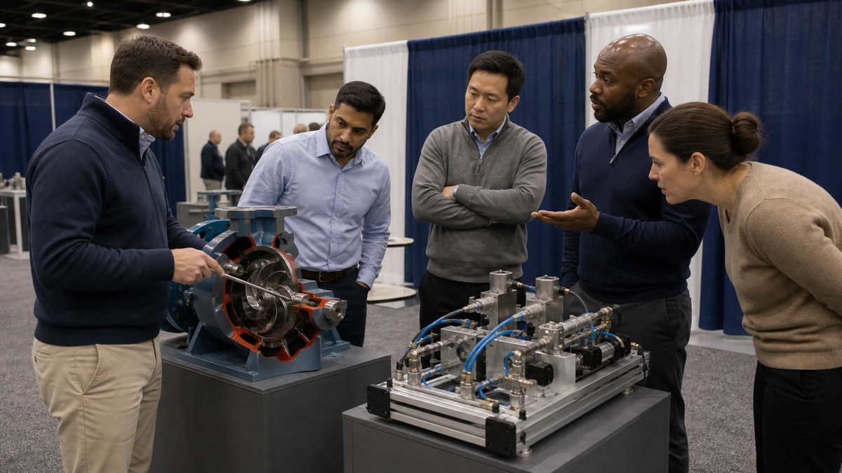Professional attendees comparing product demonstrations on a trade-show-centered exhibition floor