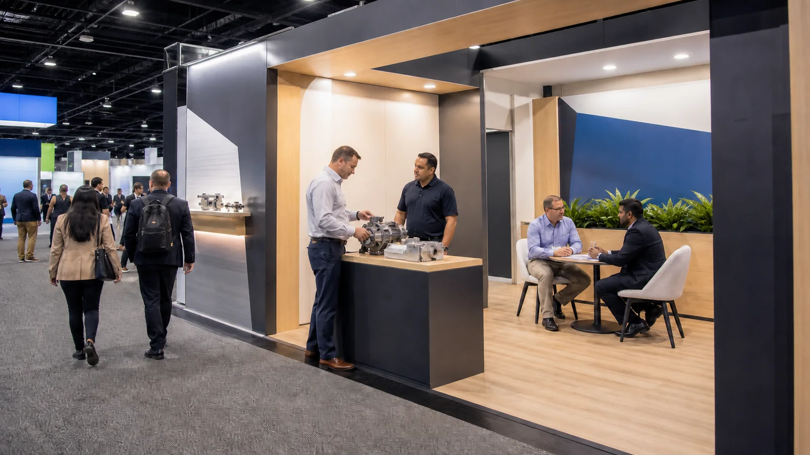 Open trade show booth with clear visitor paths, product interaction, and business conversations