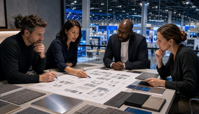 A trade show team reviewing a booth design brief and event goals