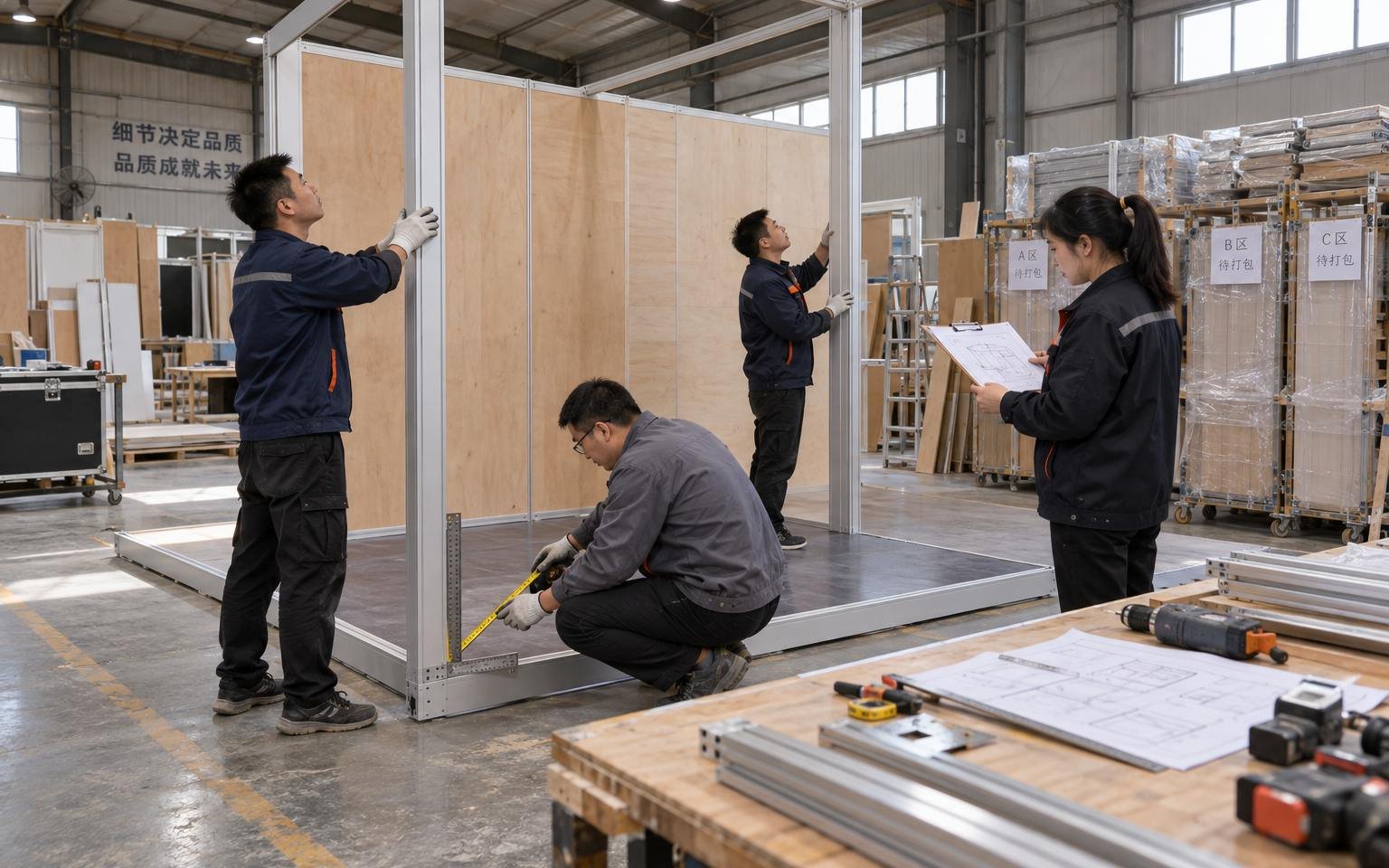 Chinese production team checking booth components before packing