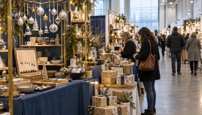 Blue holiday gift display with ceramic ornaments, jewelry, pottery and individually wrapped gift boxes.