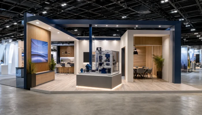 Custom trade show booth with open visitor flow and a central product demonstration area