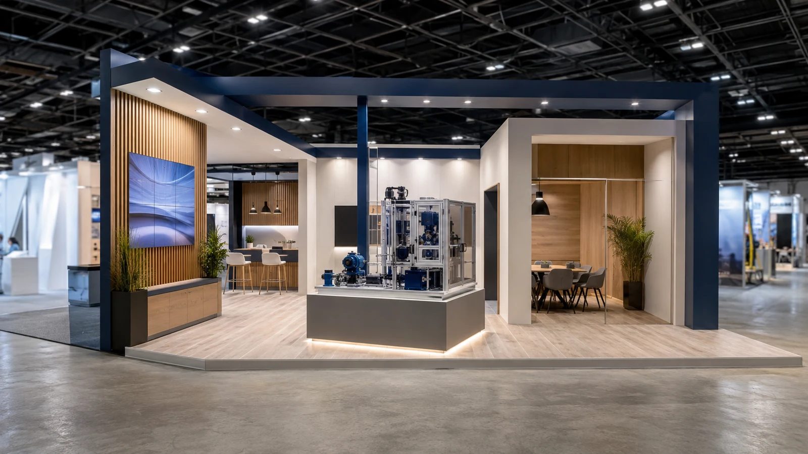 Custom trade show booth with open visitor flow and a central product demonstration area