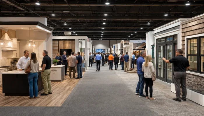 Generic indoor home-improvement exhibition hall with homeowners and renovation exhibitors.