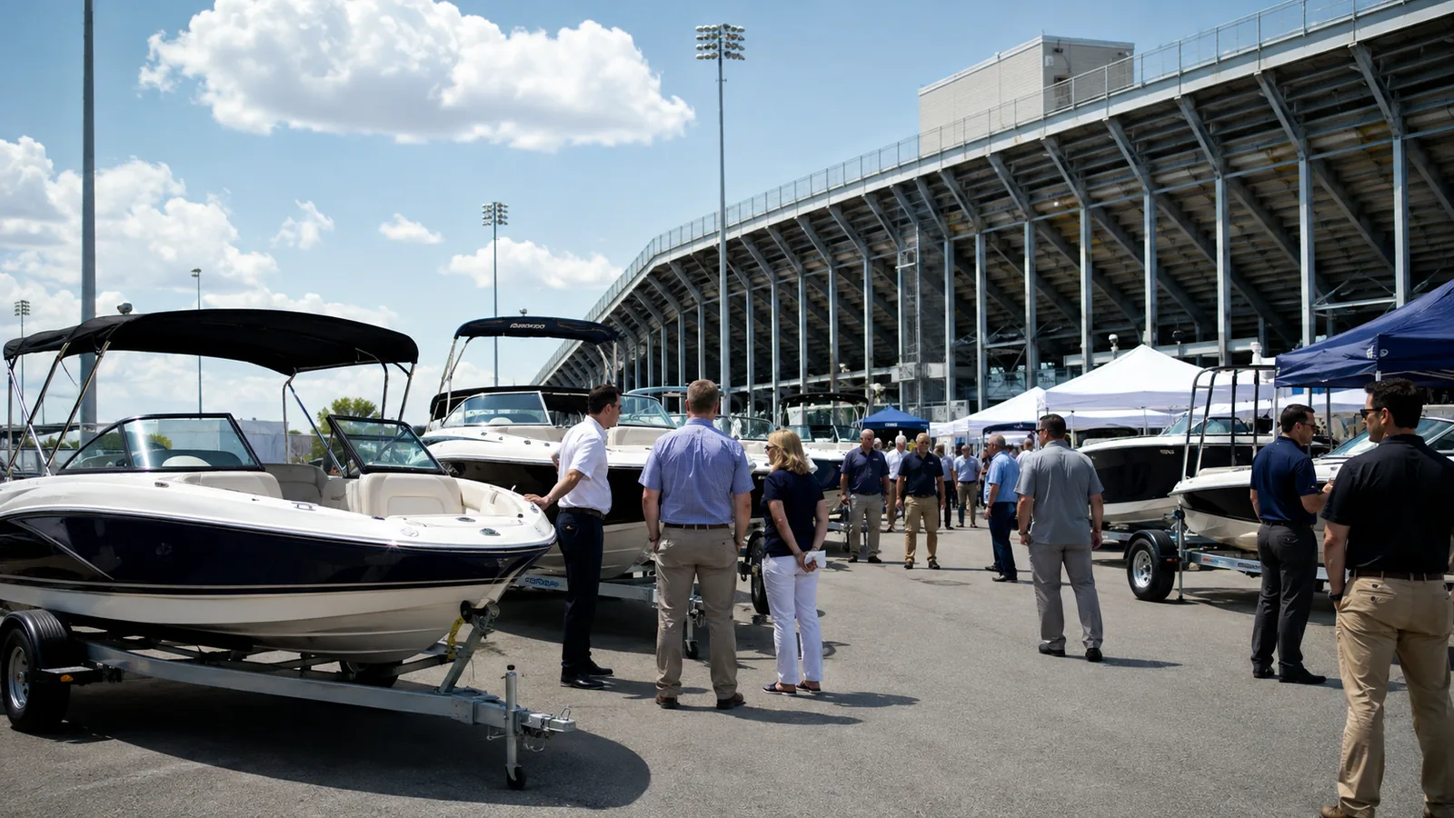 Generic outdoor boat-sale marketplace beside a stadium setting with boats, vendors, and visitors.