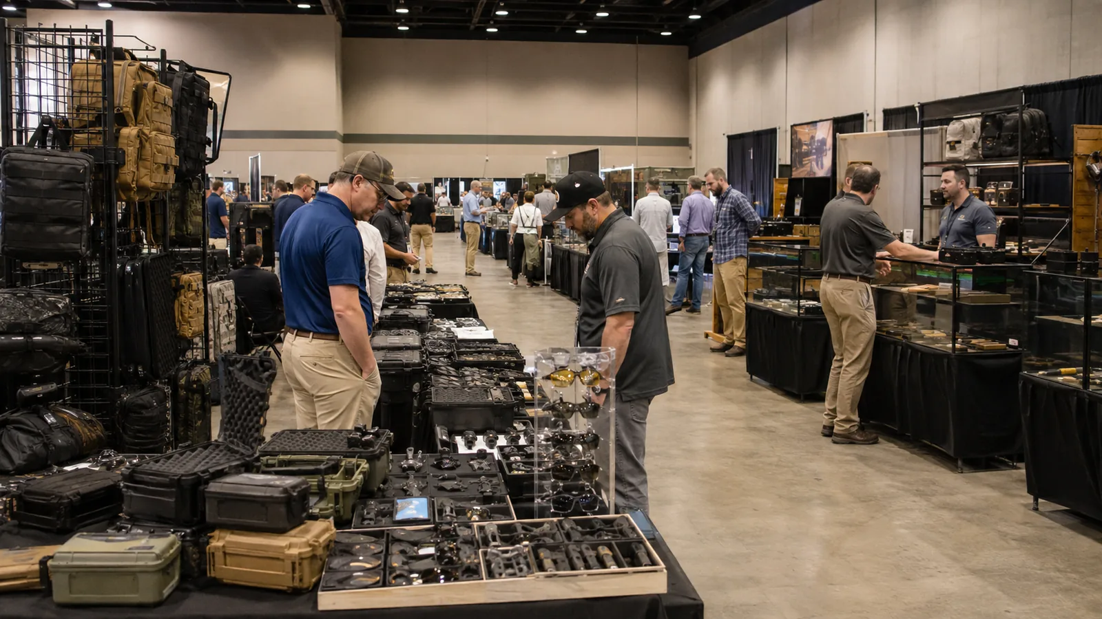 Regional vendor market with orderly tables and secured shooting-sports accessory displays.
